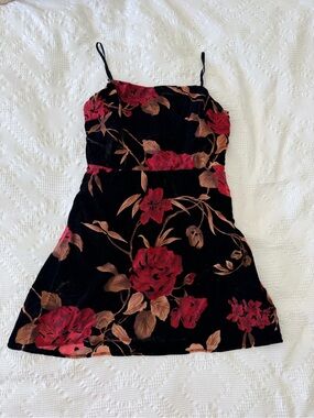 Lush Black Mini Slip Dress with Red & Brown Floral Print